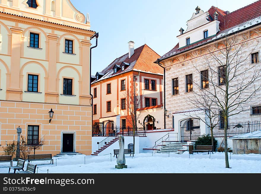 Historic houses in Cesky Krumlov during the winter time.