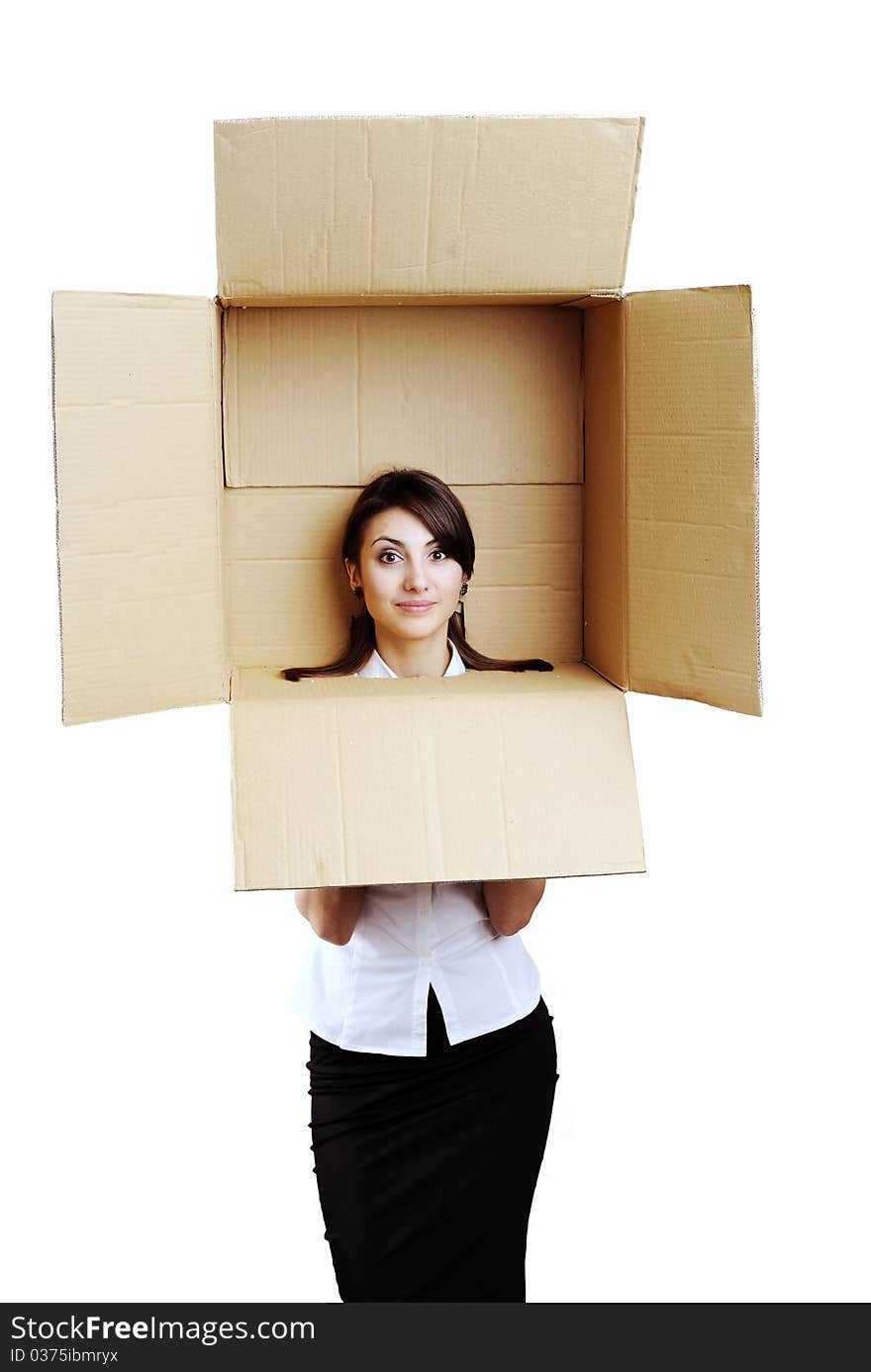 An image of young woman in a box. An image of young woman in a box