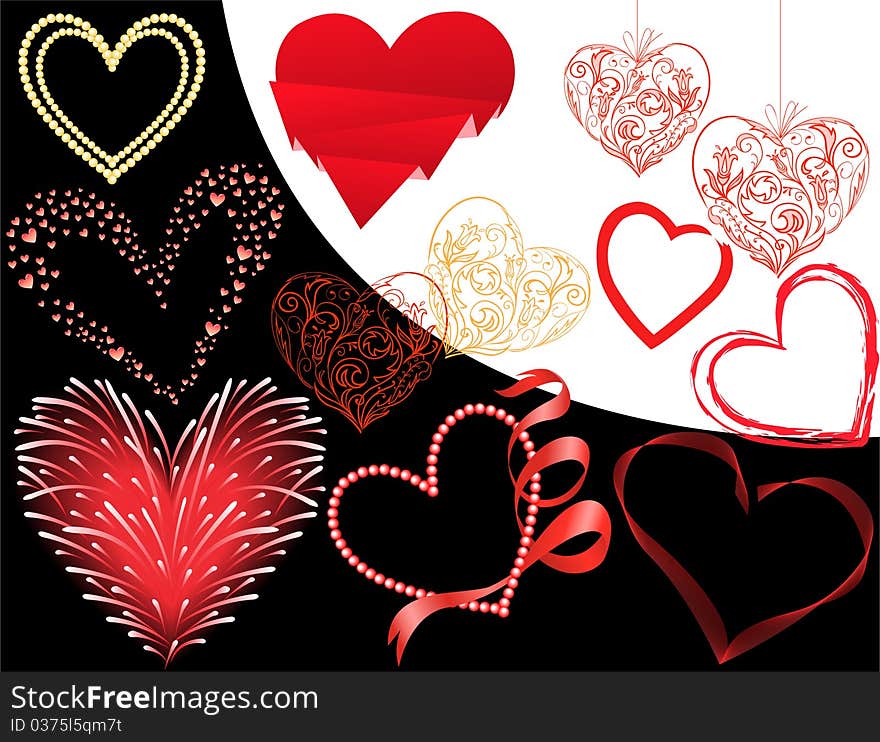 Set of twelve different hearts on a black and white background. Set of twelve different hearts on a black and white background