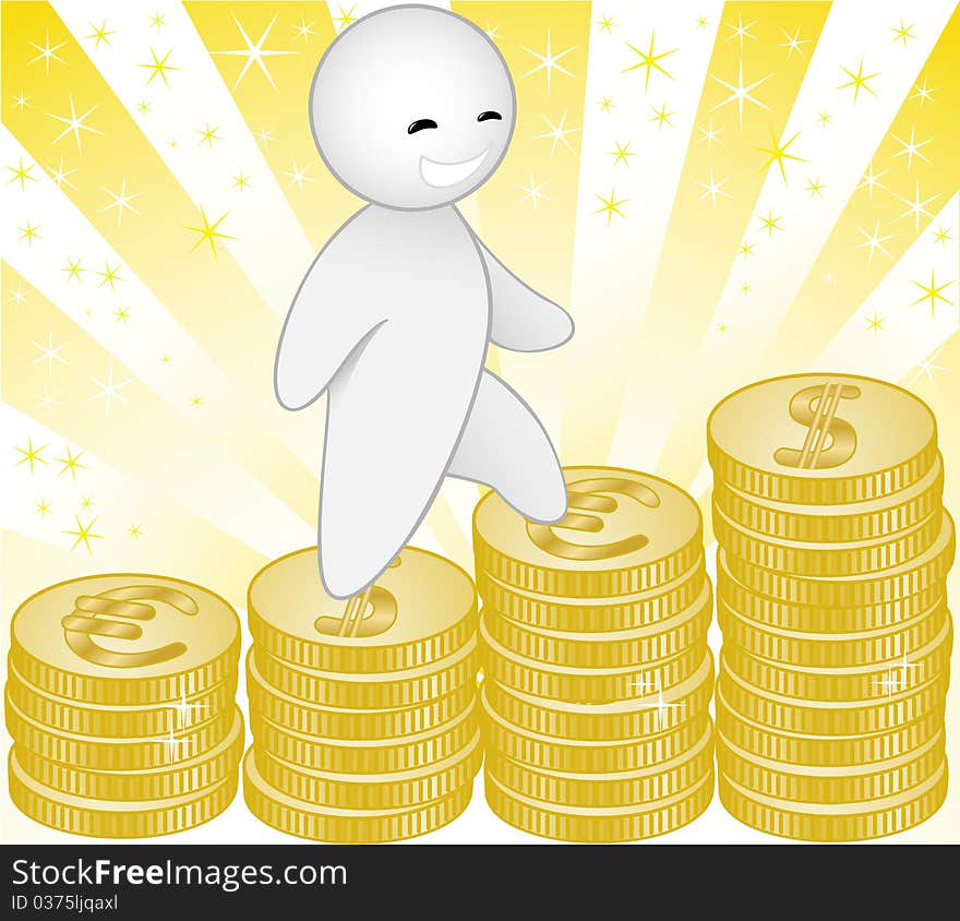 Man rises the stairs from the stacks of coins on a shimmering background. Man rises the stairs from the stacks of coins on a shimmering background