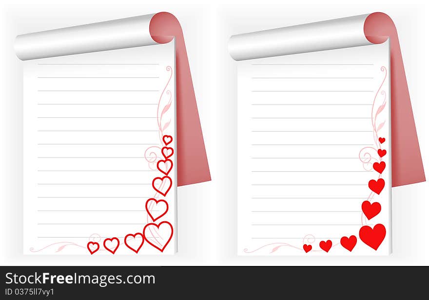 Two open notepad with red hearts and pink sprigs. Two open notepad with red hearts and pink sprigs