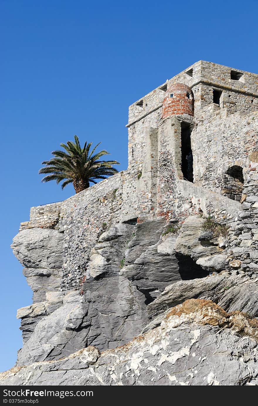 Photos of the castle built on Camogli cliffs overlooking the sea in Genoa. Photos of the castle built on Camogli cliffs overlooking the sea in Genoa