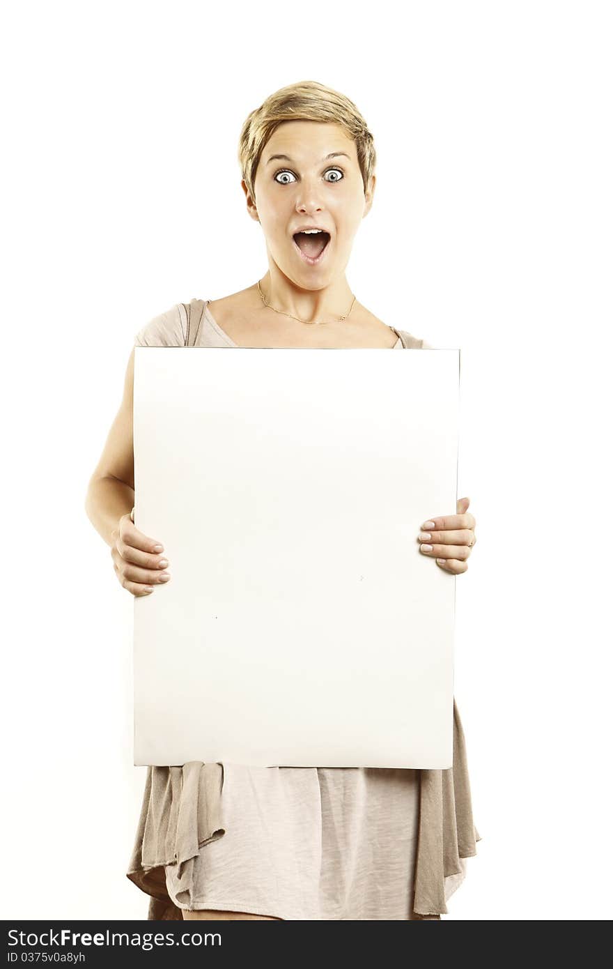 Beautiful woman holding a banner add isolated over a whtie background. Beautiful woman holding a banner add isolated over a whtie background