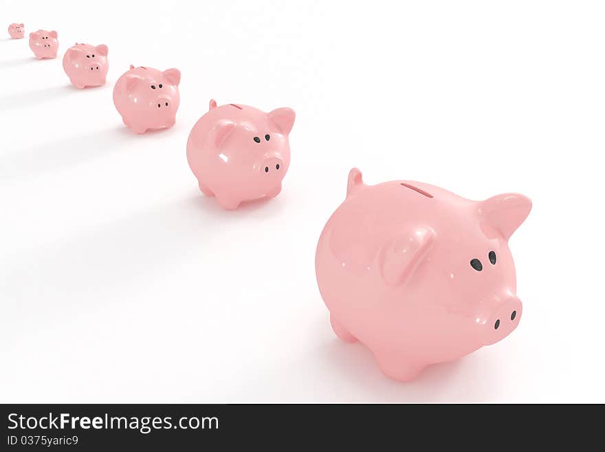 High quality 3d image of Piggy banks following the biggest one