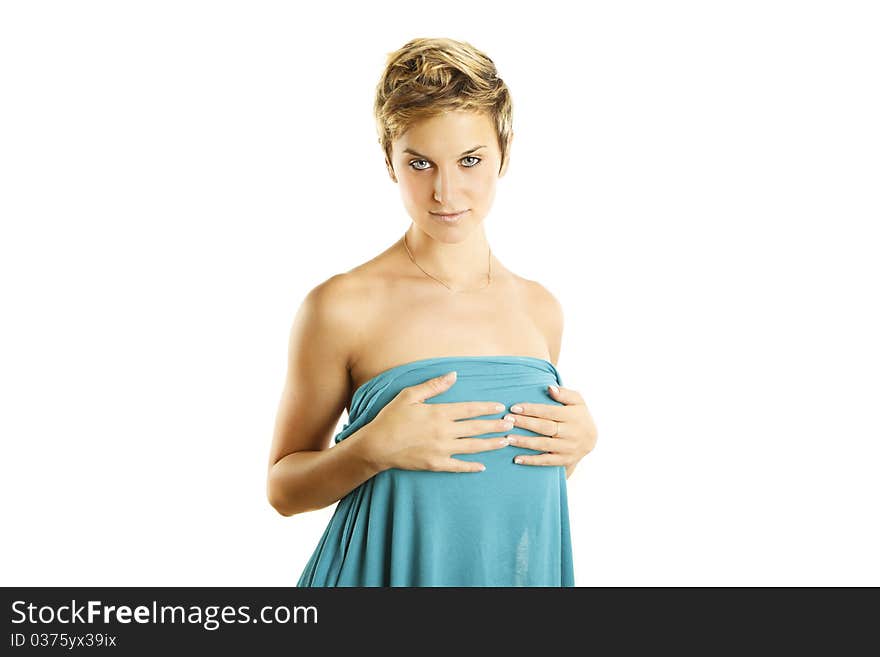 Blonde girl fashion portrait indoor studio