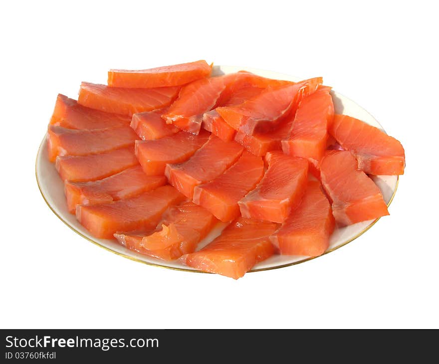 Slices of delicious salty trout on the plate isolated on white. Slices of delicious salty trout on the plate isolated on white