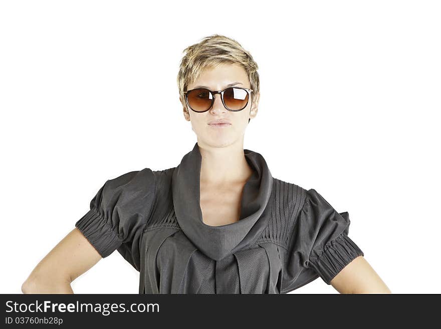 Girl fashion portrait with sunglasses on white