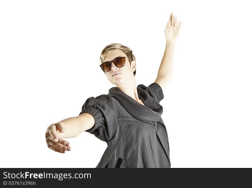 Girl fashion portrait with sunglasses on white background