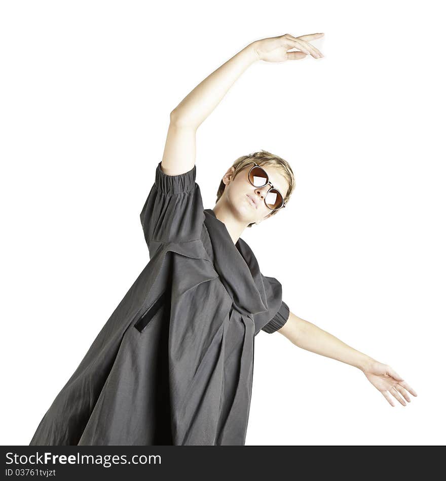 Girl fashion portrait with sunglasses on white background