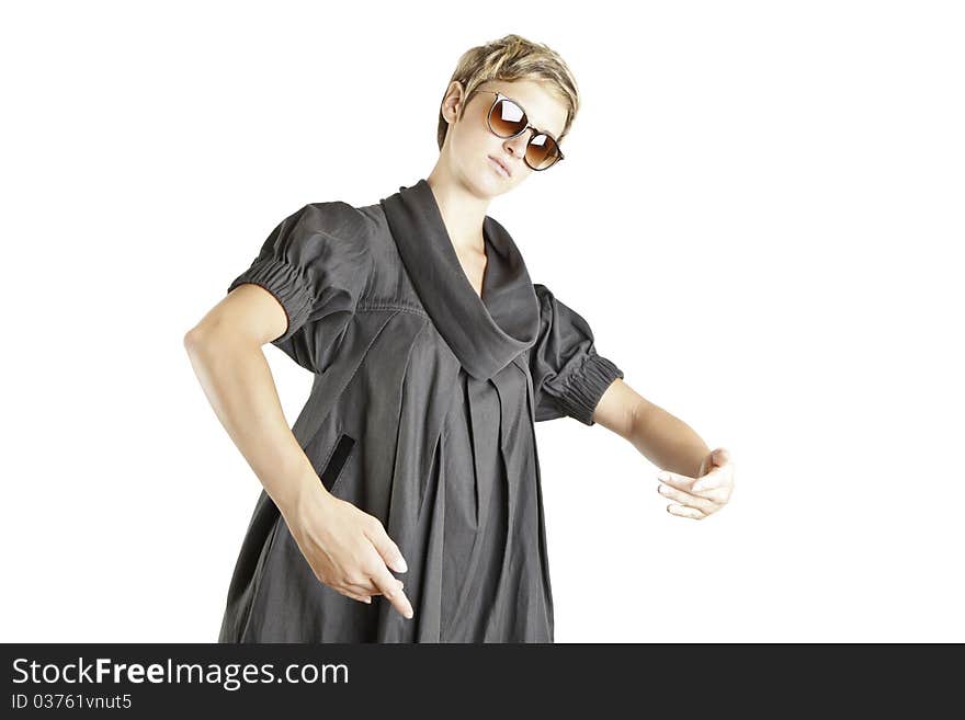 Girl fashion portrait with sunglasses on white background