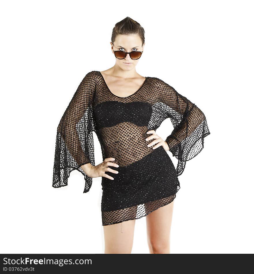 Girl fashion portrait with sunglasses on white background