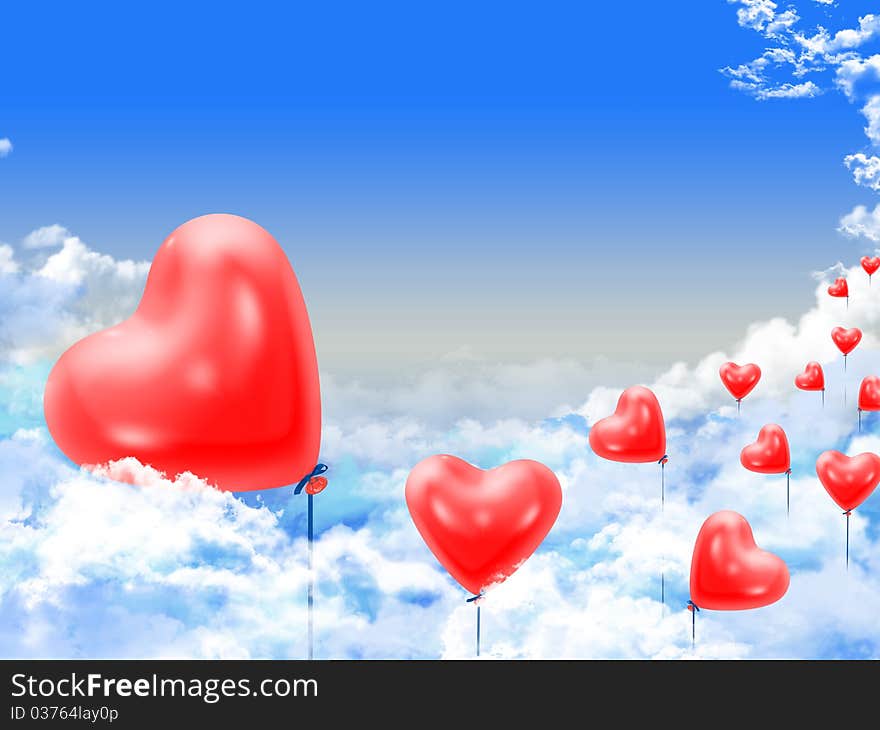 Hearts balloons over the clouds