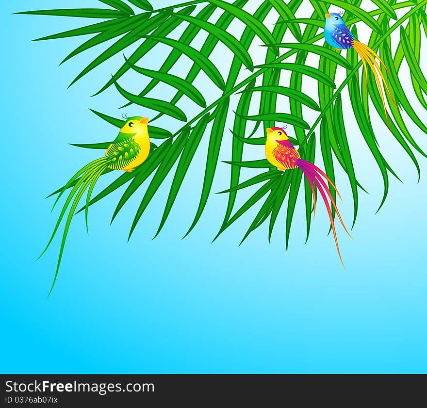 Bird on palm with flower