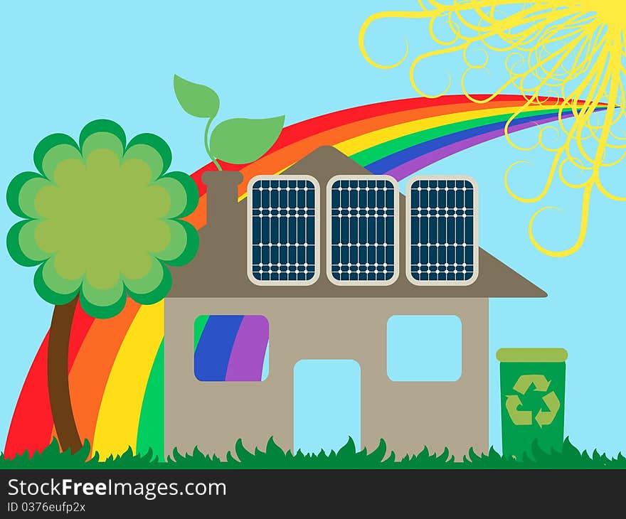 Concept of green house with rainbow ,sun and tree