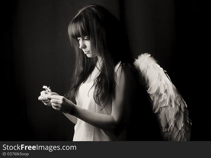 The angel carefully looks at the broken flower which she wants to rescue. The angel carefully looks at the broken flower which she wants to rescue.