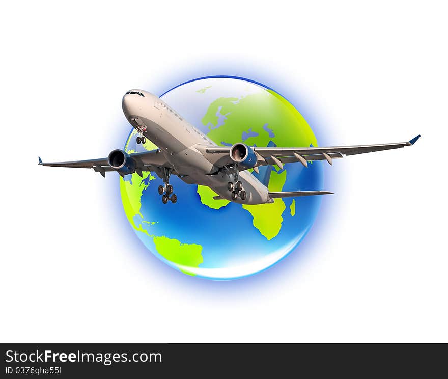 A large passenger plane against the globe on a white background. A large passenger plane against the globe on a white background