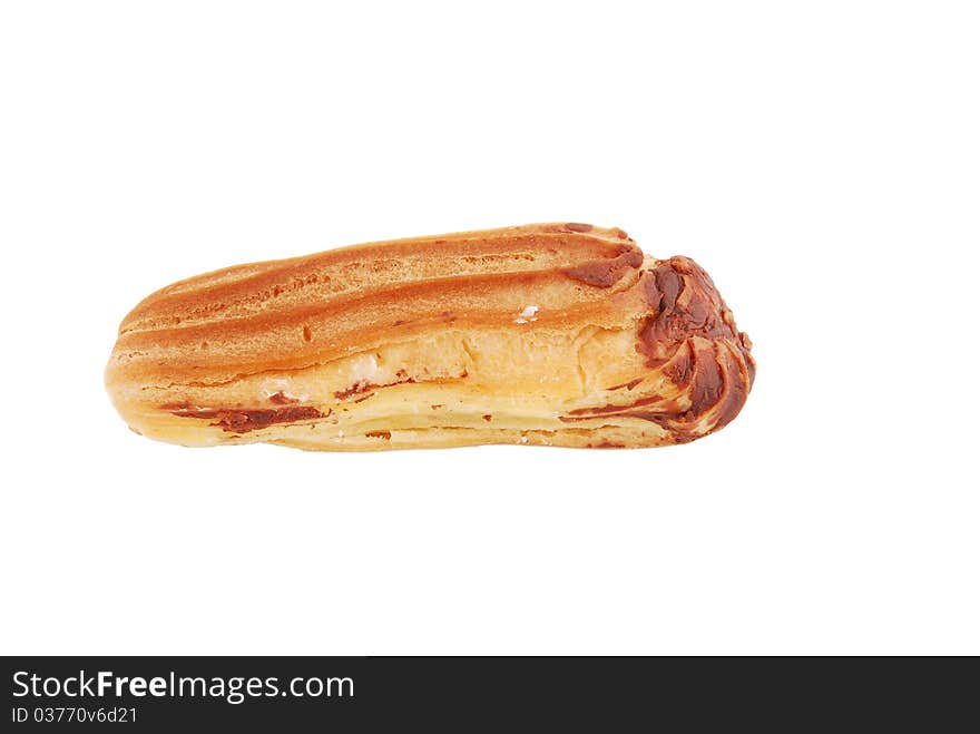 Cake with a cream in chocolate glaze on a white background