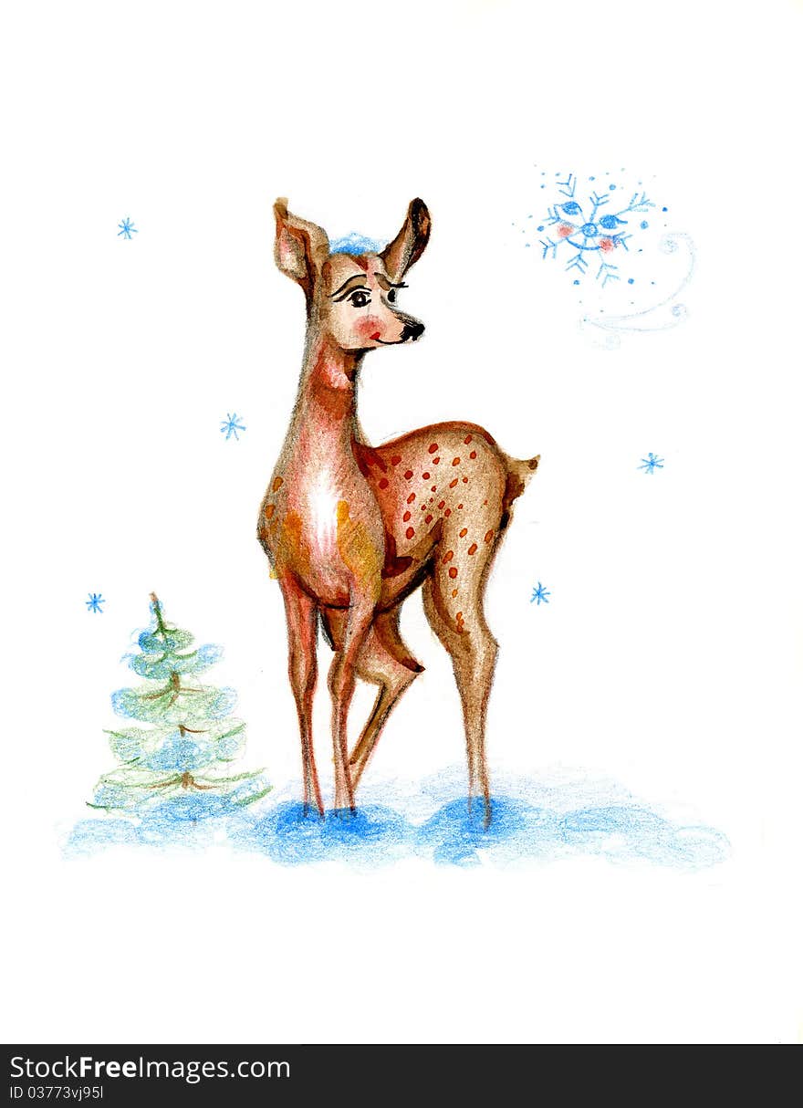 Baby drawing deer on white background