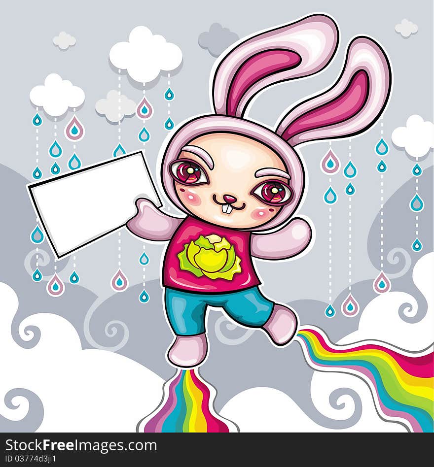 Vector illustration of the cute pink Rabbit superhero. Flying in the rainy sky on colorful rainbows, holding an Empty Space message