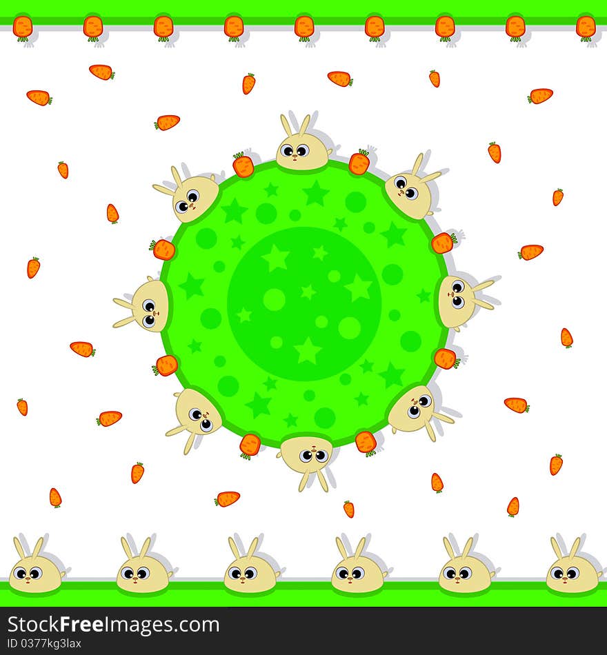 Rabbits are sitting on a green ball. Around the carrot fly. A set of insulated decorative items. Child. Toy. Rabbits are sitting on a green ball. Around the carrot fly. A set of insulated decorative items. Child. Toy.