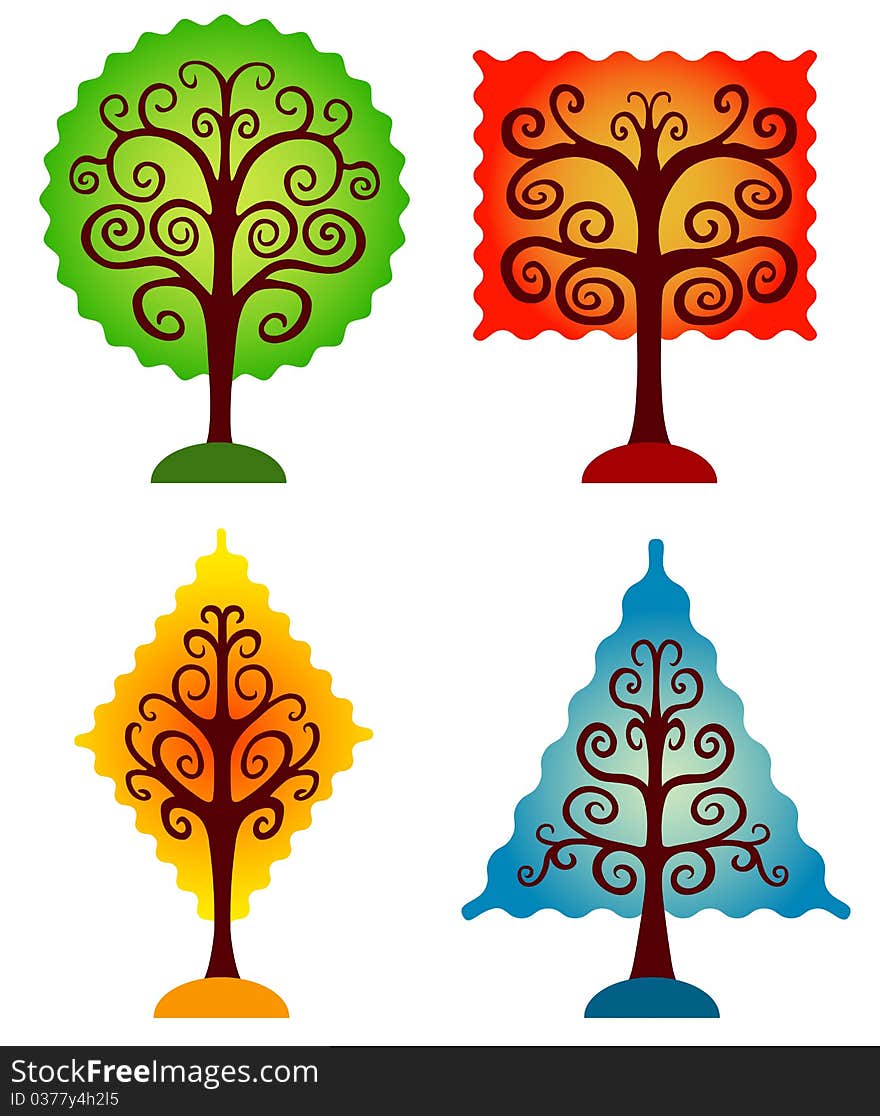 Set of four geometrical trees. Isolated on white. Vector illustration. Set of four geometrical trees. Isolated on white. Vector illustration.