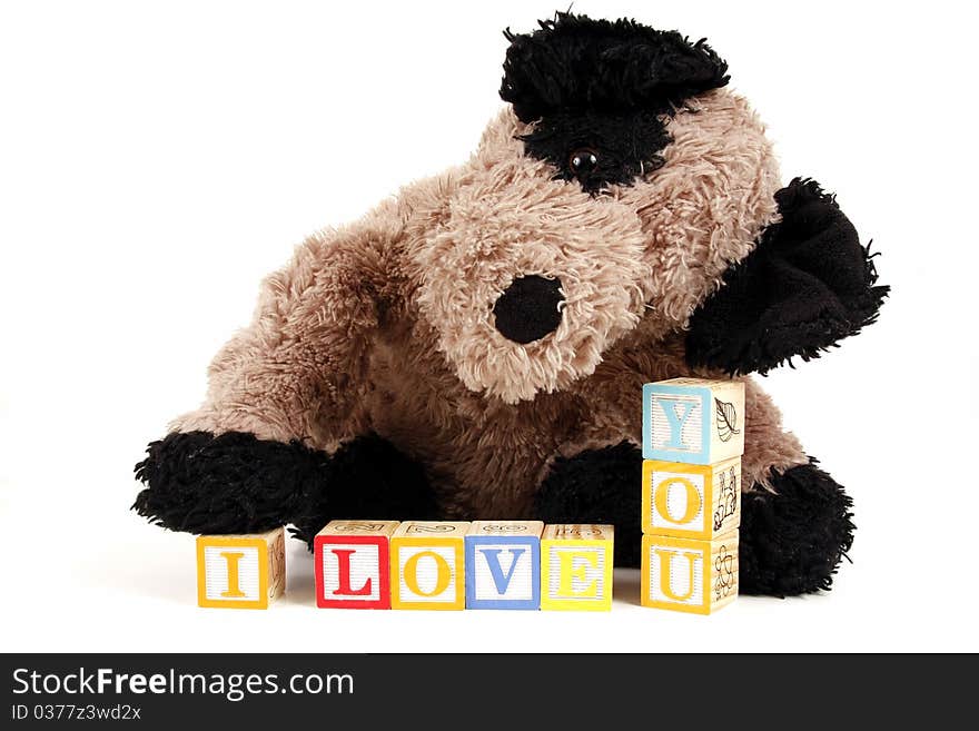 Stuffed Puppy dog with childrens blocks spelling I love you. Stuffed Puppy dog with childrens blocks spelling I love you.