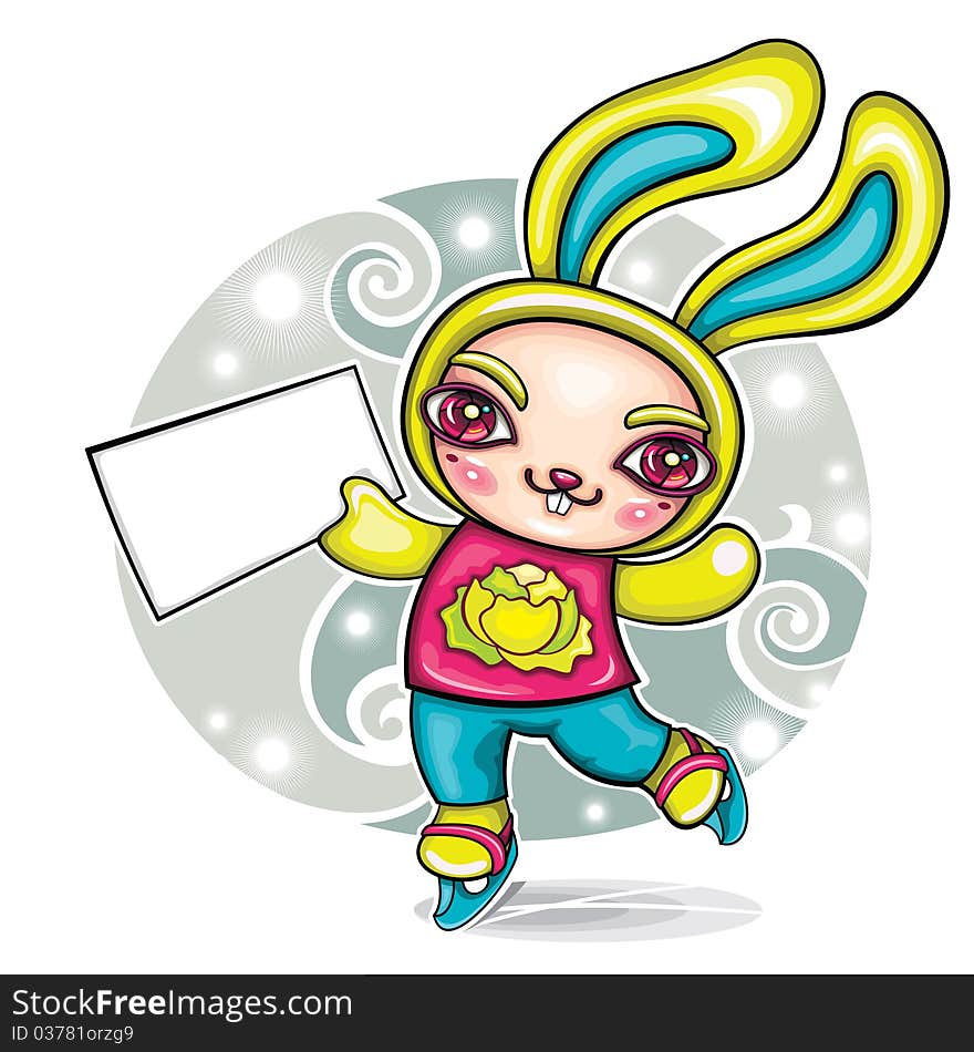 Vector greeting card: cute funny cartoon rabbit on Ice Skates, holding white blank paper sign, which can bу used for you own text. Rabbit, a symbol of 2011, according to the Chinese calendar. Vector greeting card: cute funny cartoon rabbit on Ice Skates, holding white blank paper sign, which can bу used for you own text. Rabbit, a symbol of 2011, according to the Chinese calendar