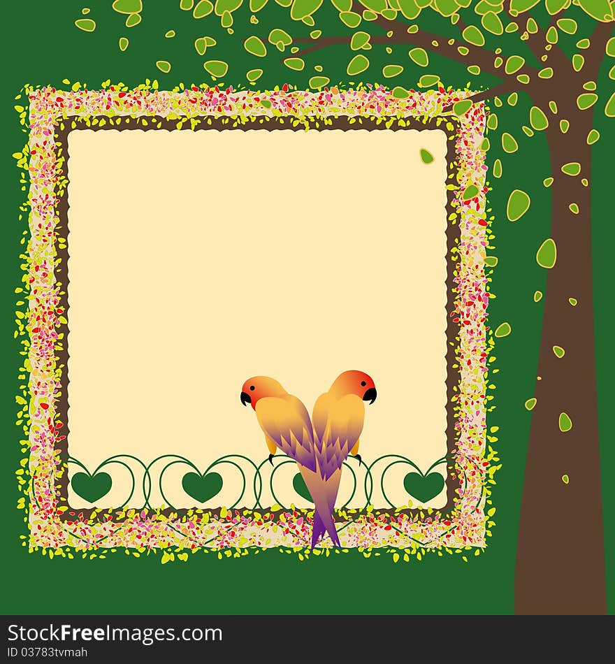A pair of Lovebirds in the window with colorful flowers frame and tree