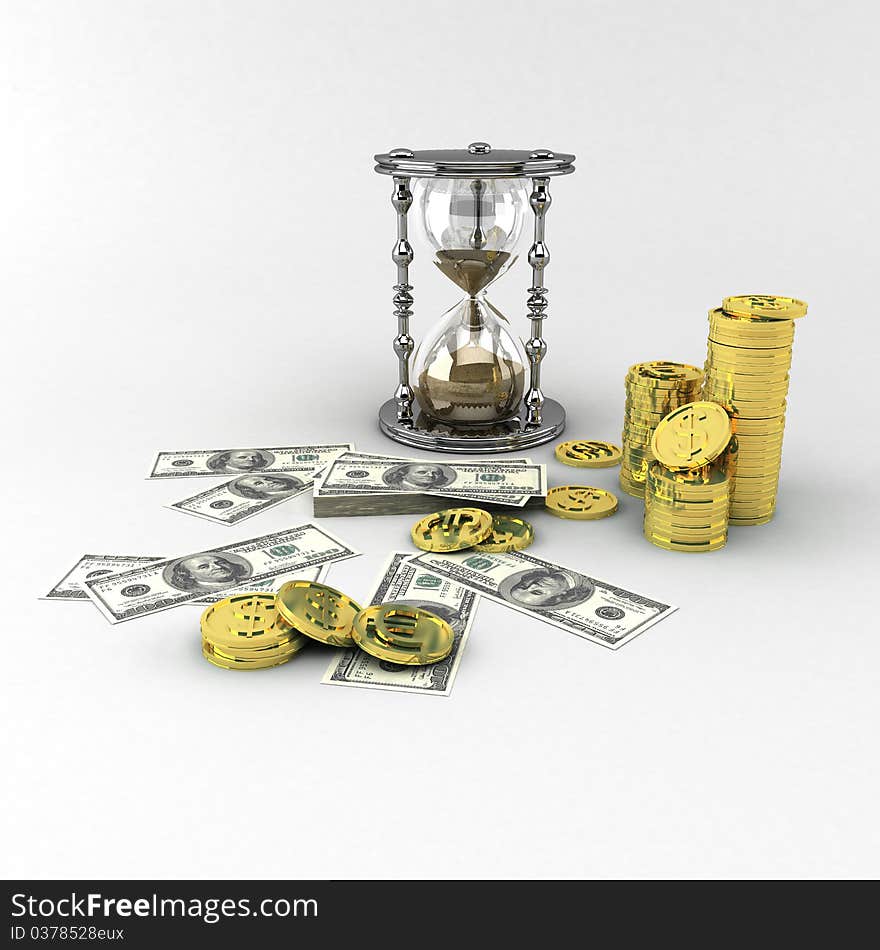 Timer with money and gold coins. Timer with money and gold coins