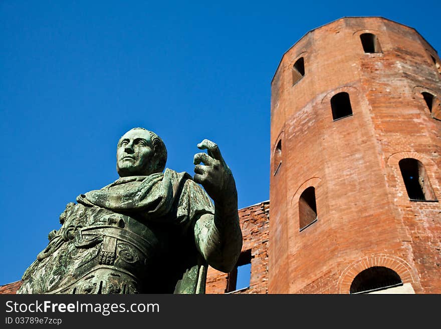 Statue of Cesare Augustus in Torino - Italy: concept of leadership. Statue of Cesare Augustus in Torino - Italy: concept of leadership