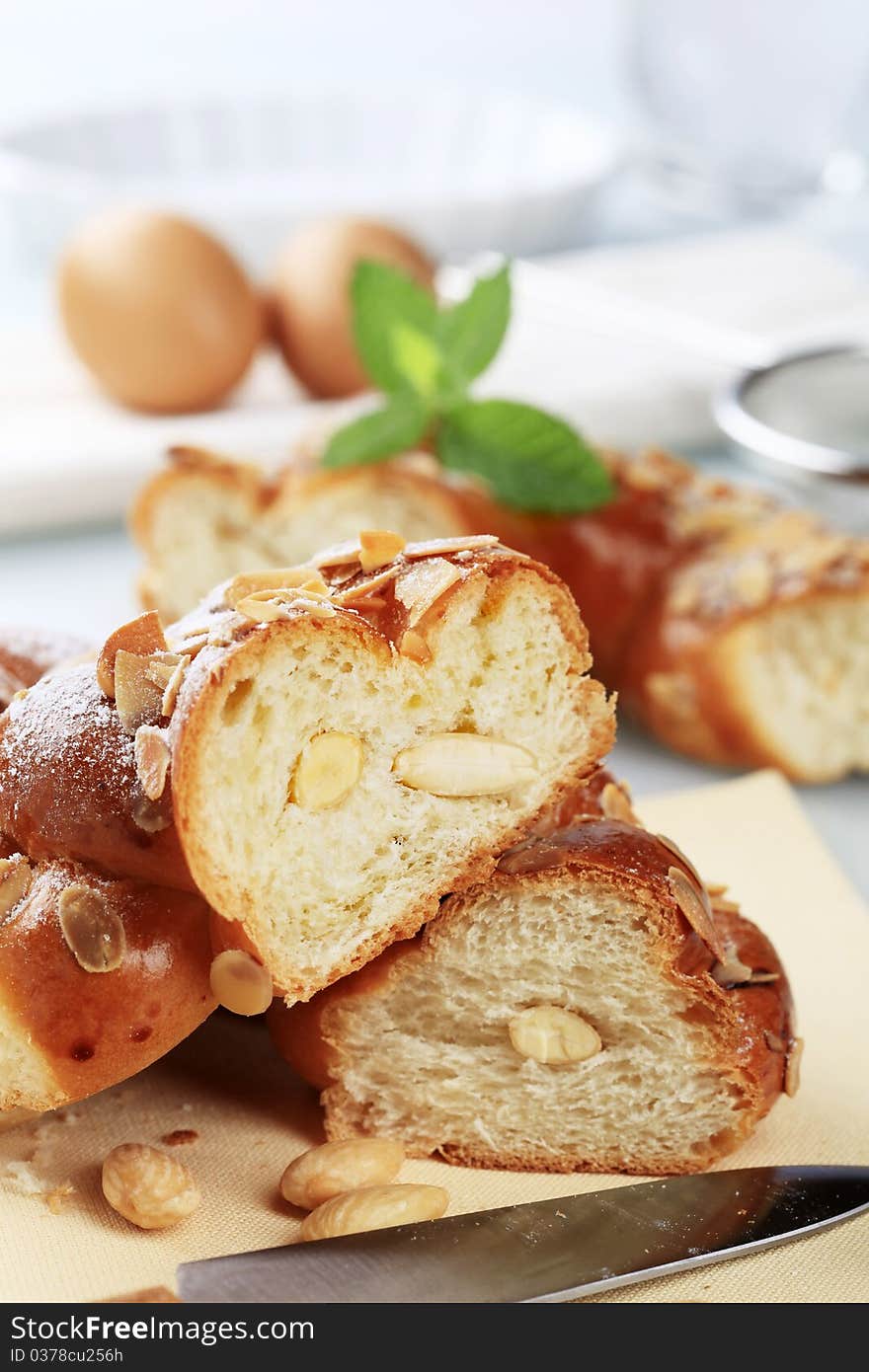 Pieces of freshly baked sweet braided bread. Pieces of freshly baked sweet braided bread