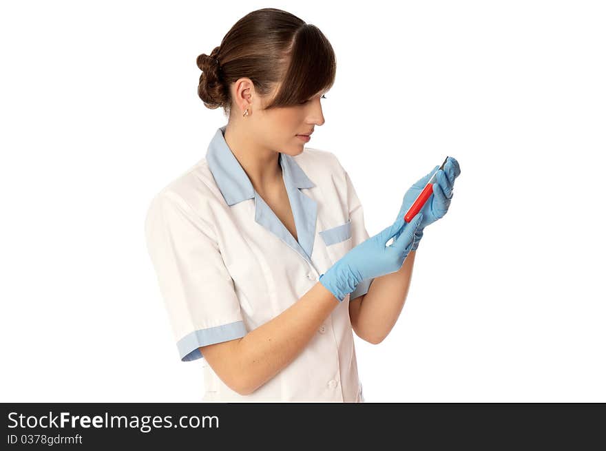 Doctor in blue gloves will be carry out research a samples of bloods at inhabitants of coast on availability of poisoning. Doctor in blue gloves will be carry out research a samples of bloods at inhabitants of coast on availability of poisoning