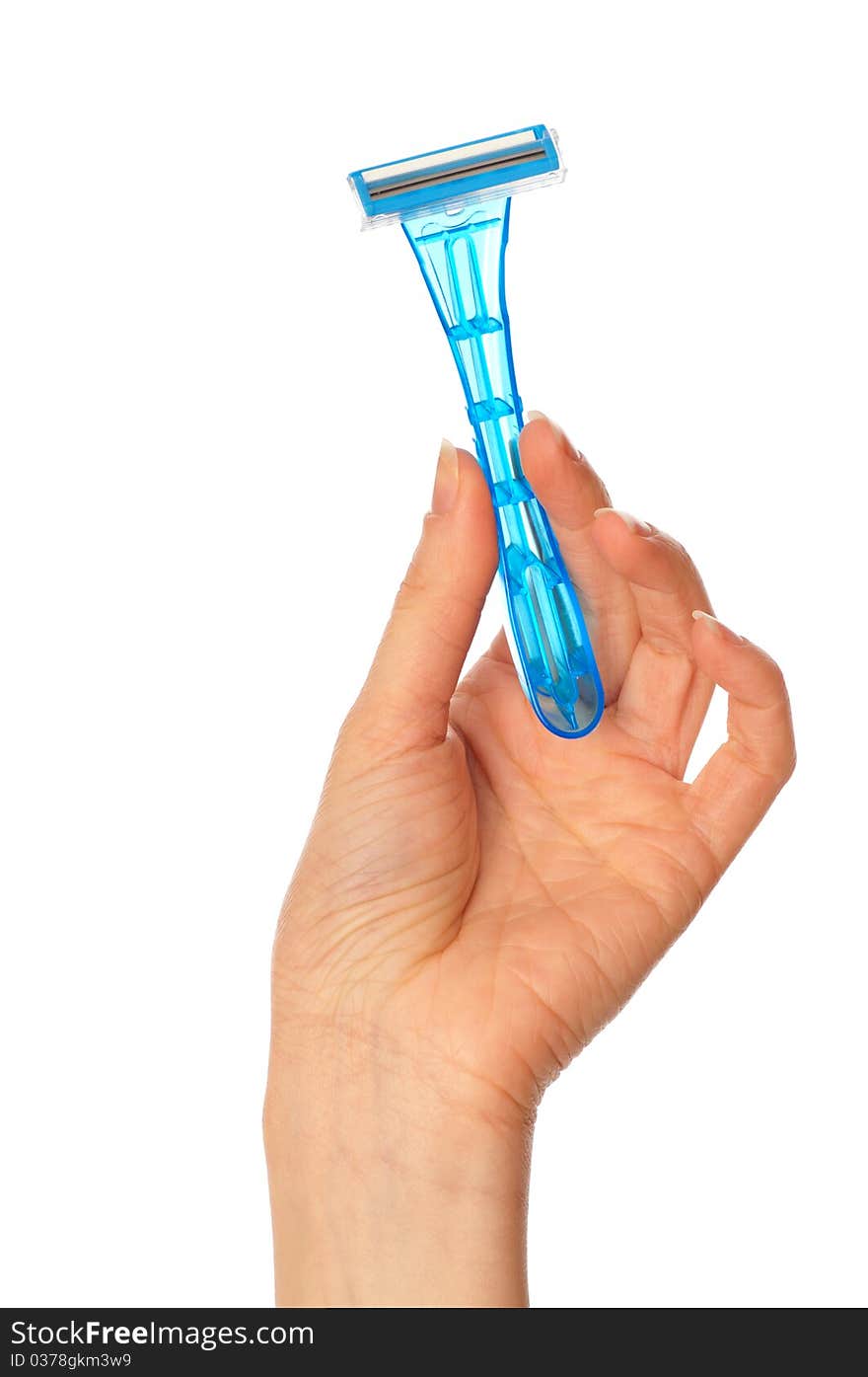 Woman holding a razor from a blue plastic for shaving legs