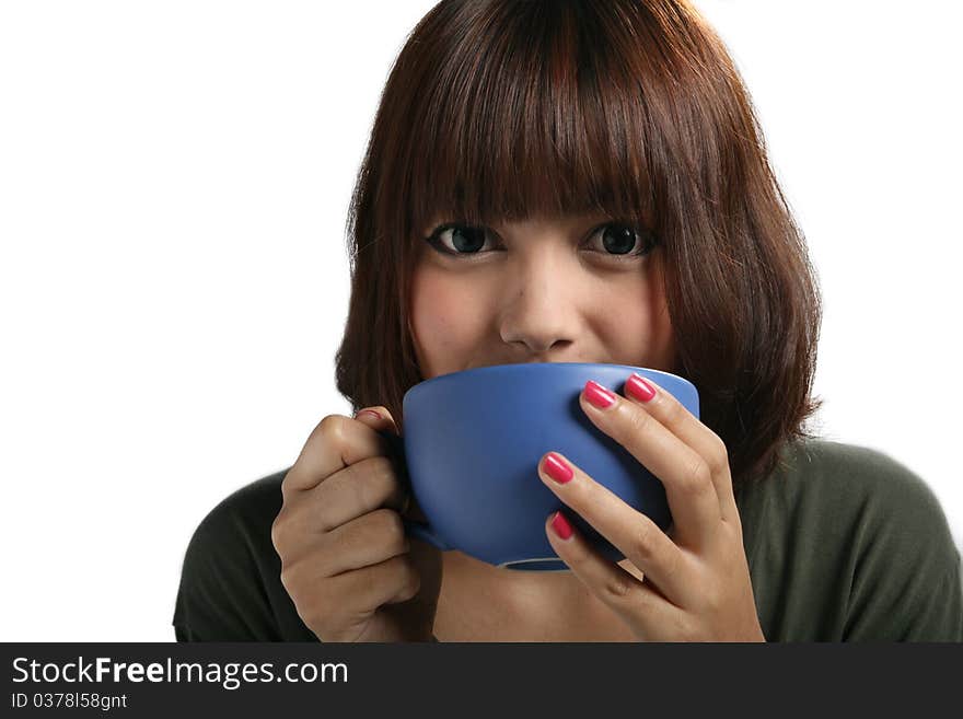 Portrait of pretty girl hold a cup. Portrait of pretty girl hold a cup