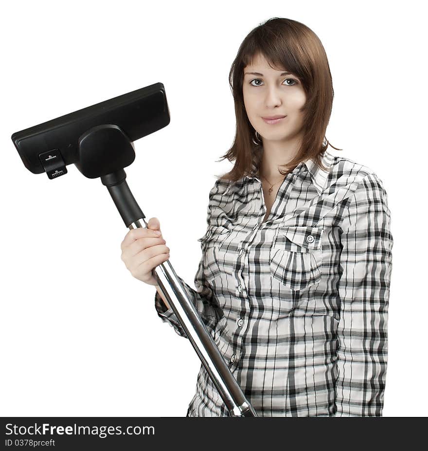 Girl with a vacuum cleaner on a white background