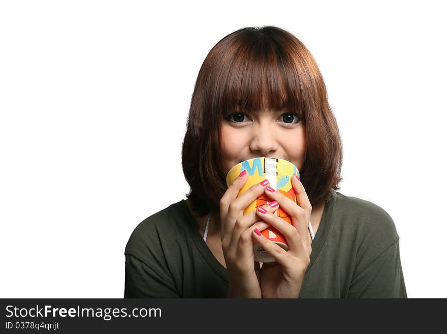 Portrait of pretty girl hold a cup. Portrait of pretty girl hold a cup