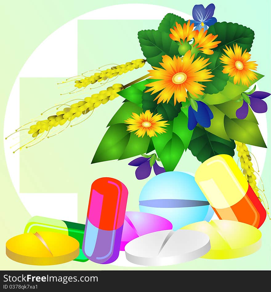 Useful drag plants with flowers and some pills and capsules. Useful drag plants with flowers and some pills and capsules