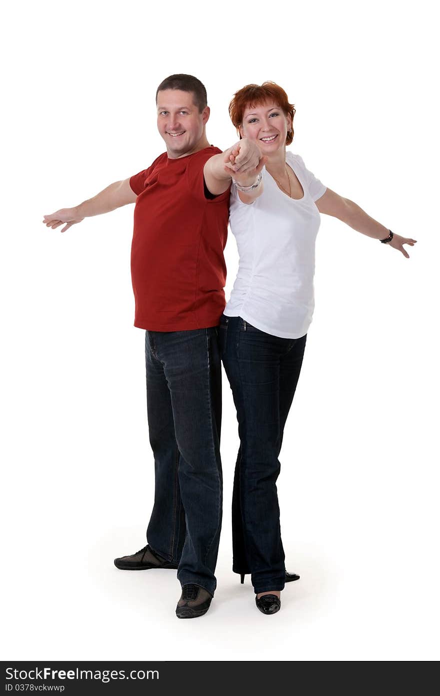 Couple in the pose of a monument on a white background