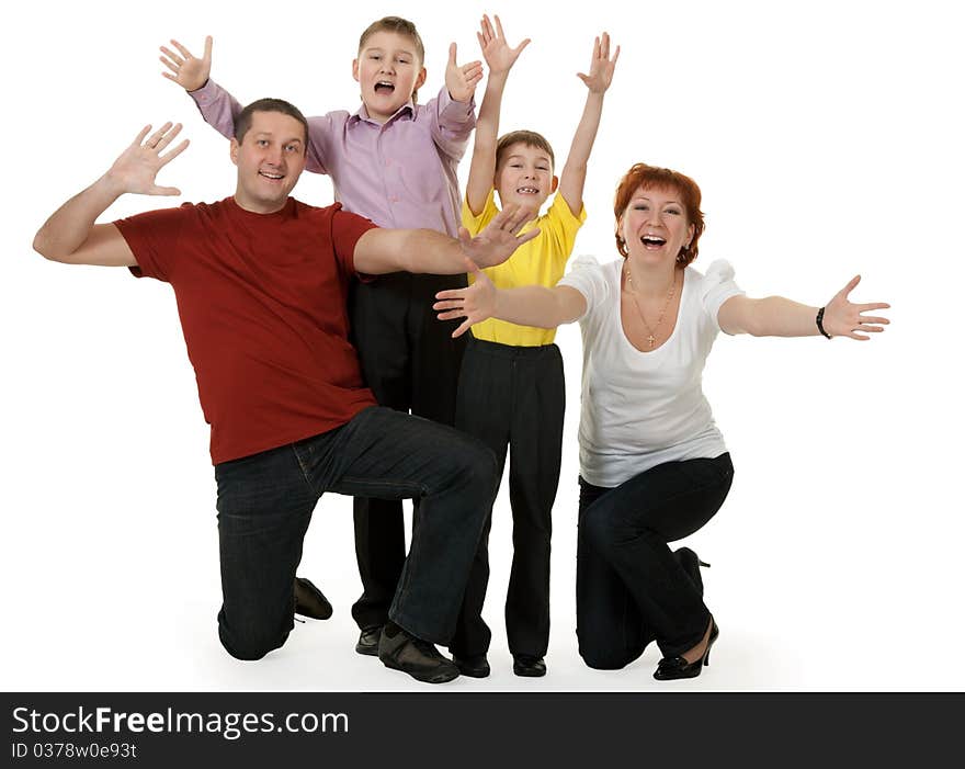 Family of four is rejoicing on a white background