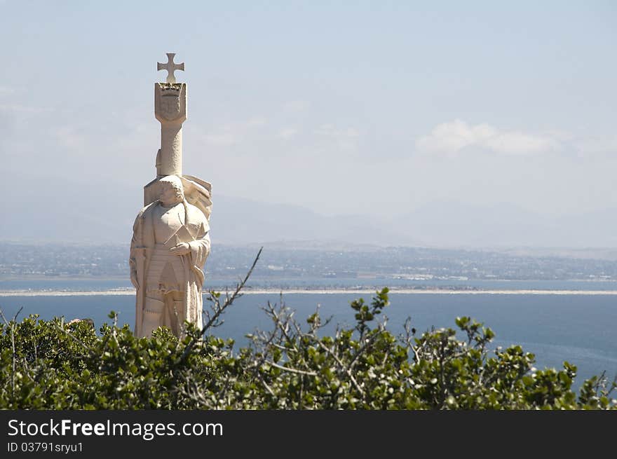 Cabrilho Monument in San Diego, California Against Sky and Water.