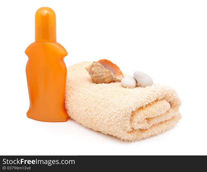 Bath towel with plastic bottle