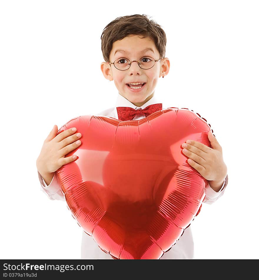 Boy with red balloon isolated on white