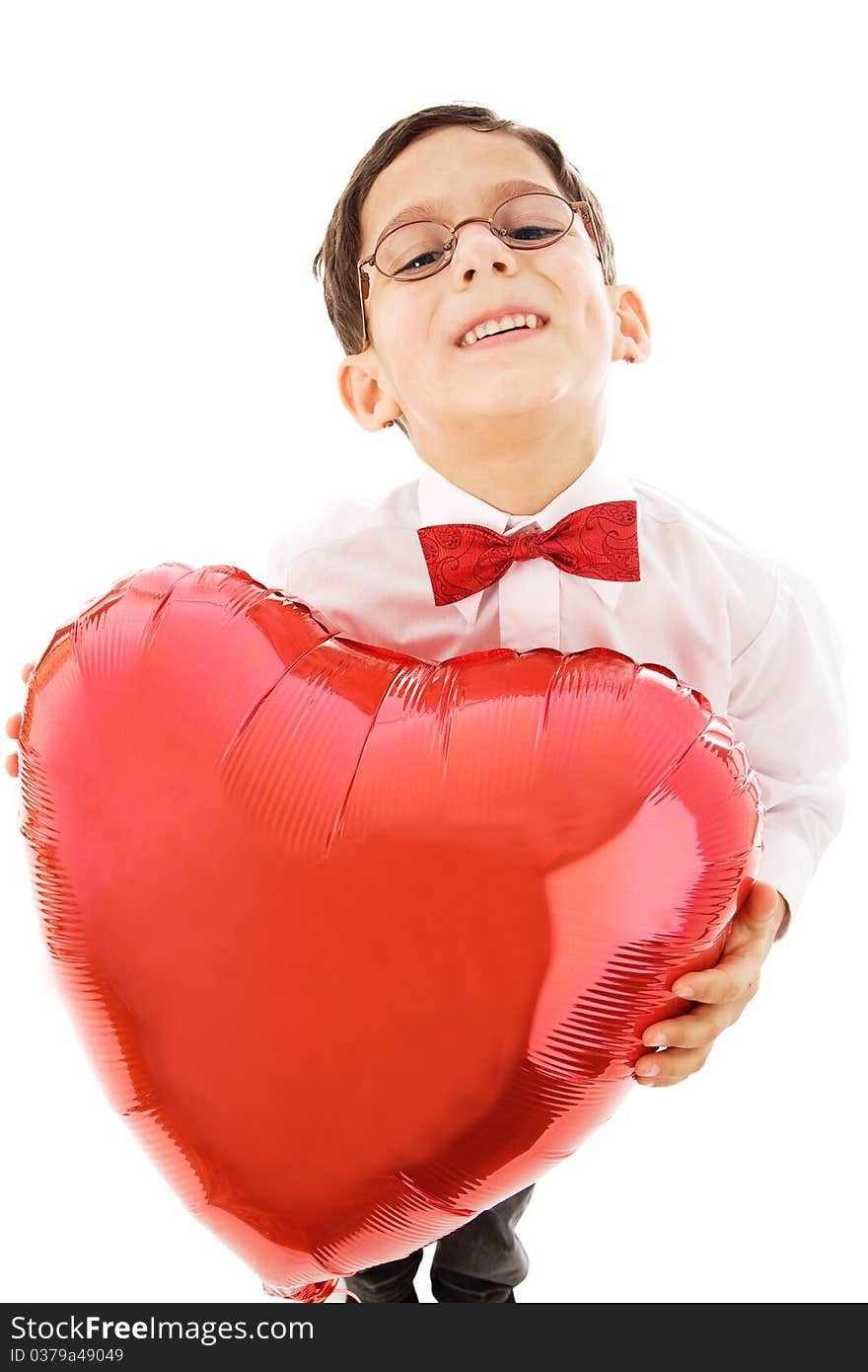 Boy with red balloon isolated on white