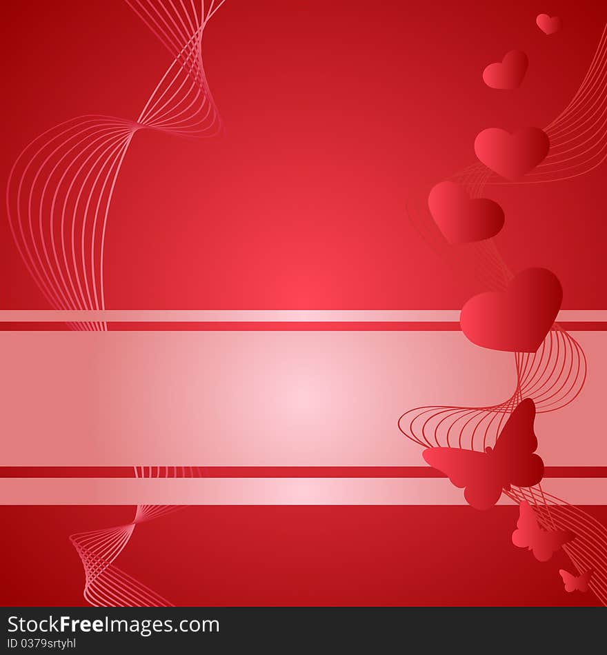 Hearts on the red background with waves