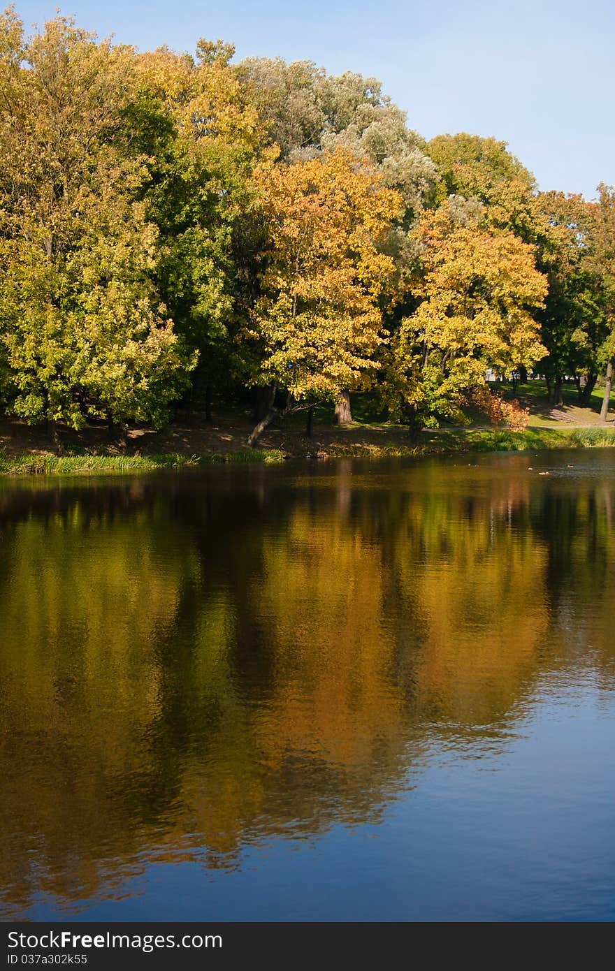 Autumn peaceful lake in the city park. Autumn peaceful lake in the city park