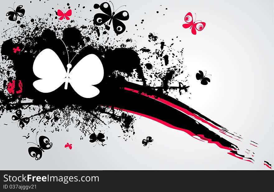 Illustration with black, pink stain and butterflies