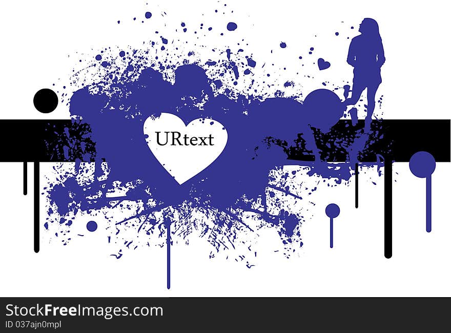 Illustration with blue stain with heart and silhouette