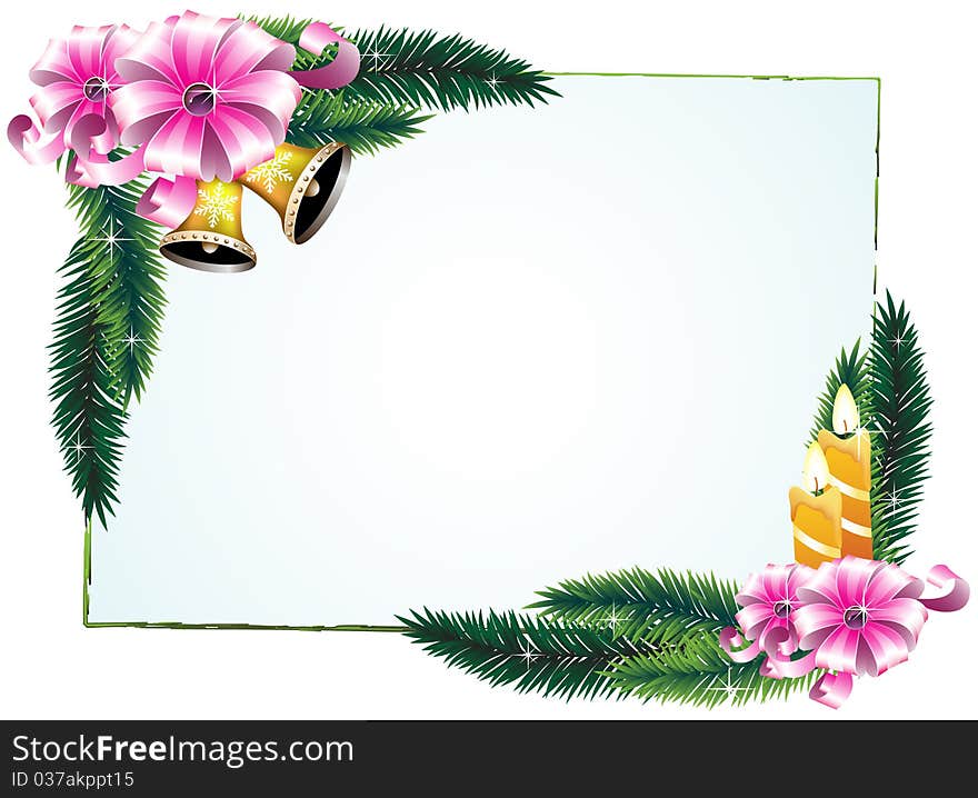 Bouquets of pine branches, candles and ribbons. Festive frame. Bouquets of pine branches, candles and ribbons. Festive frame.