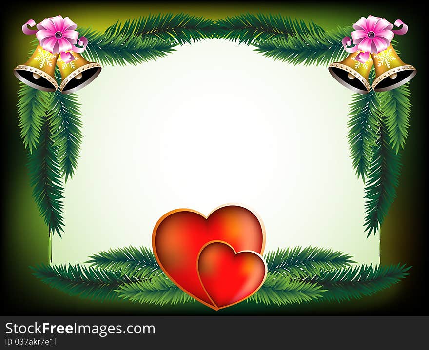 Hearts, bells and bows on the background of pine branches. Hearts, bells and bows on the background of pine branches