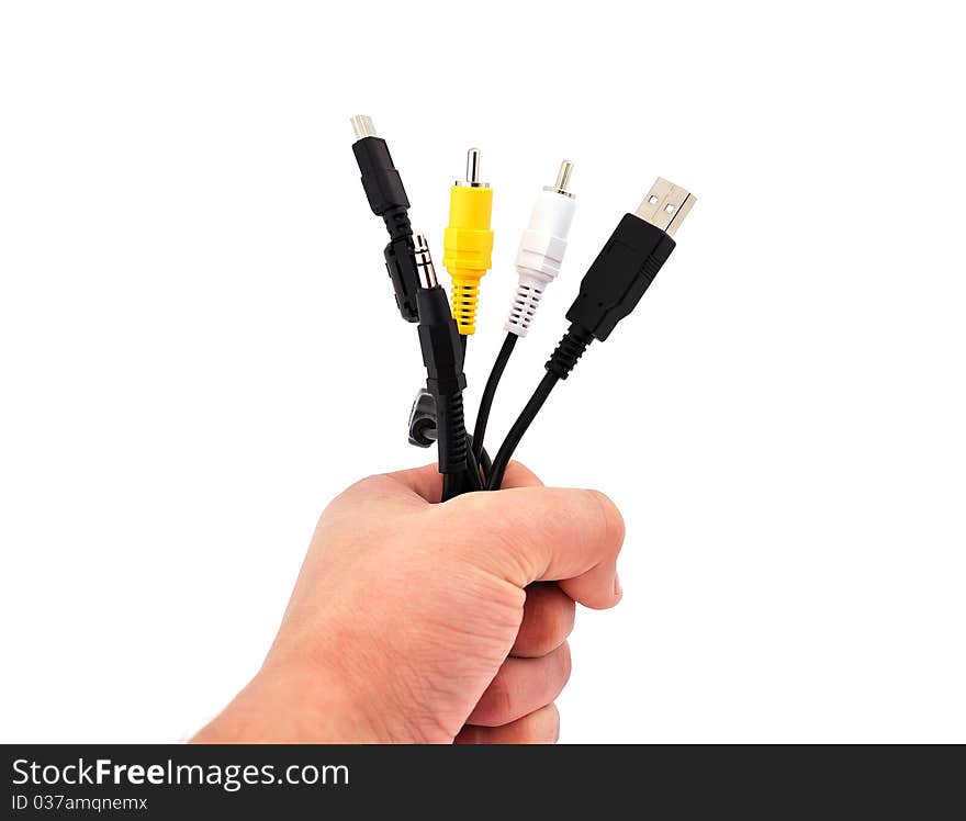 Computer wire in his hand on a white background